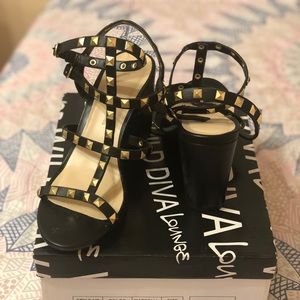 Black block heels with gold studs